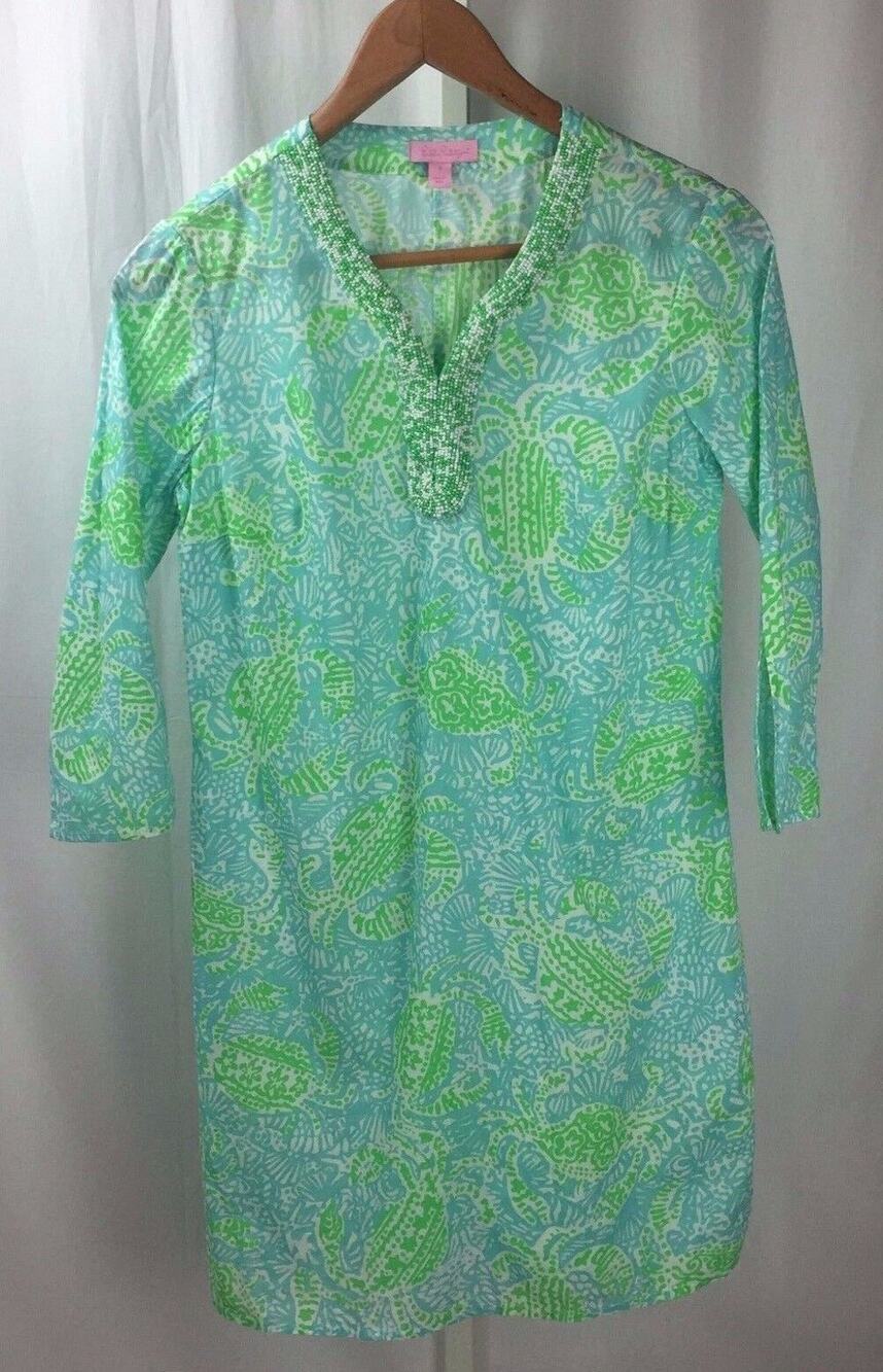 Lilly Pulitzer 100% Cotton Blue Green Beaded Neckline Tunic Dress Size Small S